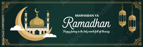 Ramadan greeting card with mosque illustration and lanterns on green background