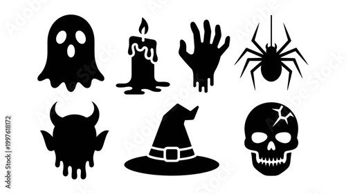 Halloween icons set featuring a ghost melting candle dripping hand spider devil witch hat cracked skull