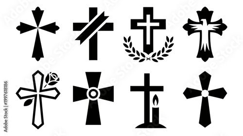 Collection of black silhouette christian cross symbols some with decorative elements like ribbon laurel