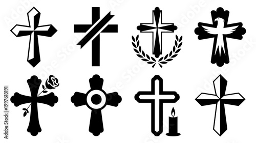Collection of black silhouette christian cross symbols some with decorative elements like ribbon laurel