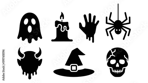 Halloween icons collection: ghost melting candle dripping hand spider devil witch hat cracked skull