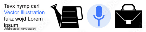 Gardening tools, work organization, podcasting, communication, creativity, and multimedia. Black watering can, blue circular microphone and a black briefcase icon. Gardening and podcasting concepts
