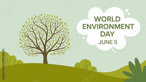 World Environment Day illustration with tree and green landscape