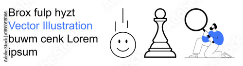 Strategy planning, decision-making, leadership, analysis, research, success identification. happy face, chess piece person with magnifying glass. Strategy and decision-making concepts