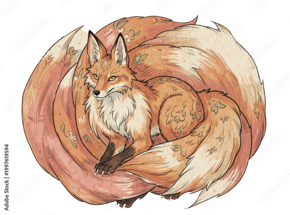 Naklejka premium A red fox curled up in a circle, appearing relaxed and comfortable