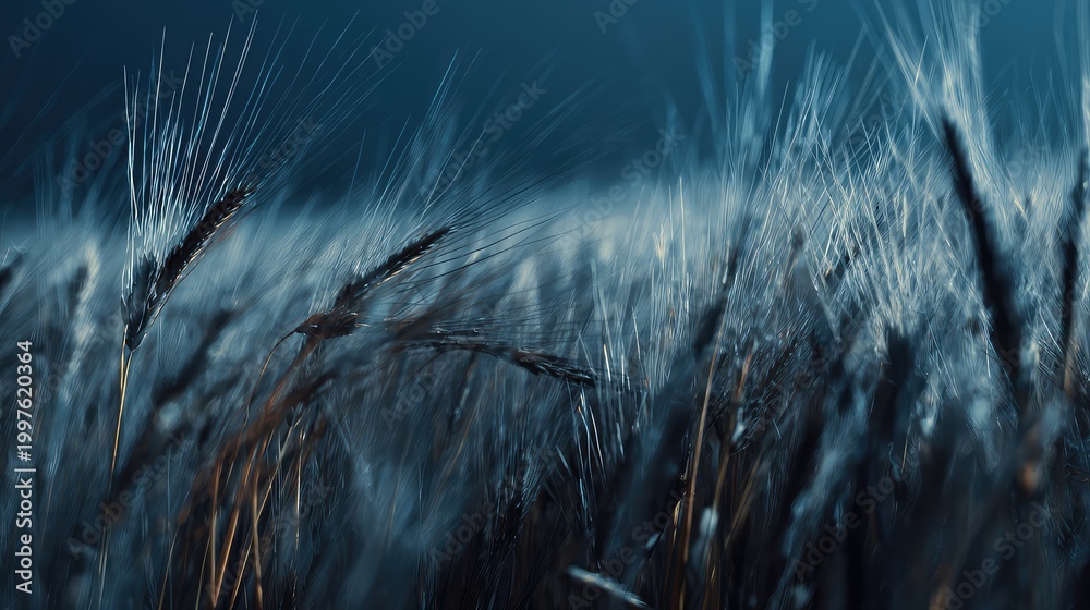 Fototapeta premium Close up of ripening cereal spikes in a rural field at dusk, cool blue tones and soft focus creating a moody, serene agricultural texture and ethereal evening atmosphere
