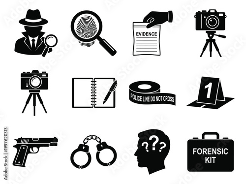 Black and white crime investigation icons set