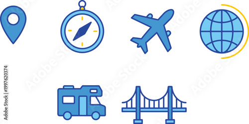 Blue travel and transportation icons set for website and app design featuring location navigation and infrastructure
