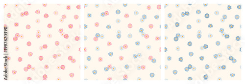 Chamomile. Set of Three Seamless Patterns with Pink and Blue Daisy Flowers. Floral Vector Backgrounds.