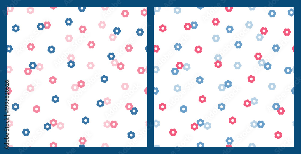 Fototapeta premium Daisies. Two Seamless Patterns with Pink and Blue Simple Daisy Flowers. Floral Vector Backgrounds.