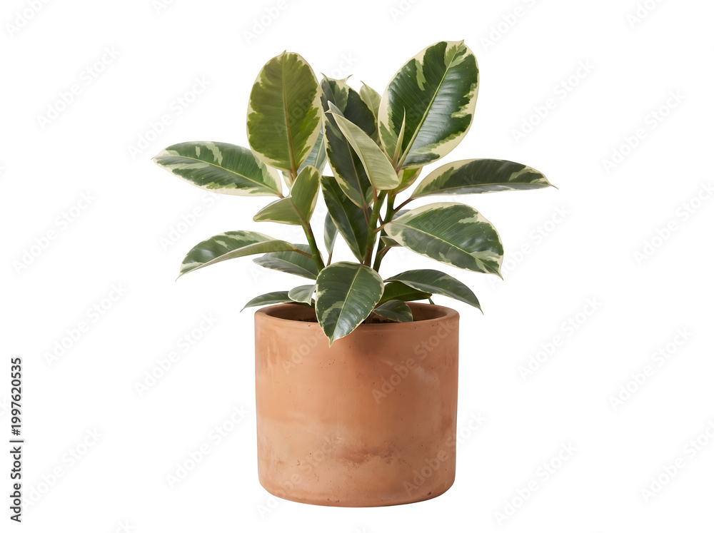Fototapeta premium Small potted plant with green and white leaves in terracotta pot on white background transparent background