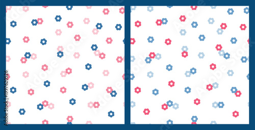 Daisies. Two Seamless Patterns with Pink and Blue Simple Daisy Flowers. Floral Vector Backgrounds.