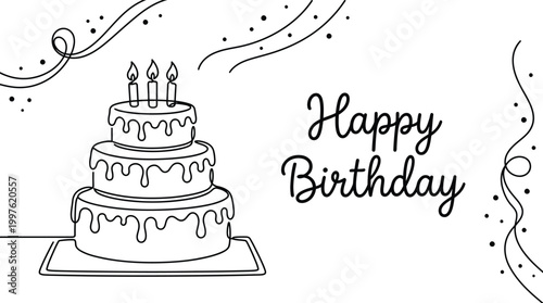 Three tier birthday cake with candles and icing for celebration and party decoration design