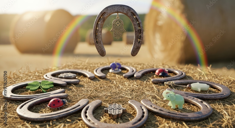 Naklejka premium Horseshoes with jewels rainbow luck.