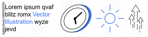 Time management, energy efficiency, growth, productivity boost, solar power, and success tracking. Clock, sunburst and arrow graphics in minimalist style. Time management and energy efficiency