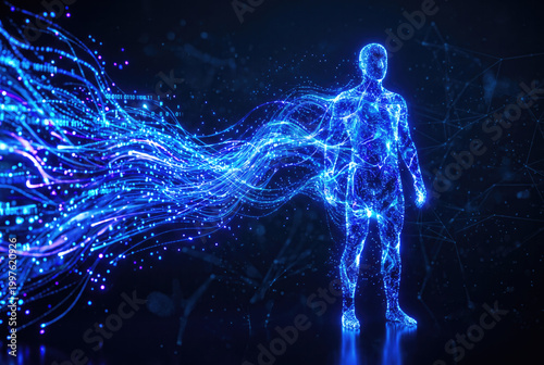 Abstract data stream forming human silhouette, digital particles, technology and humanity concept, blue purple tones.
