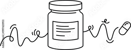 Simple line drawing of a medicine bottle connected to a pill by a squiggly line for health and wellness presentation