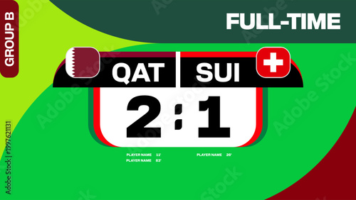 Qatar vs Switzerland Football 2026 Match Result Announcement for Group Stage Tournament Full-Time Scoreboard Design Football 2026