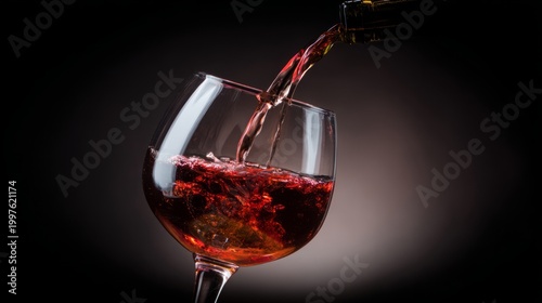 pouring. An elegant crystal wine glass with rich red liquid, captured from an overhead angle. bar promotions, beverage menus, designed for food & beverage menus and cafe branding.
