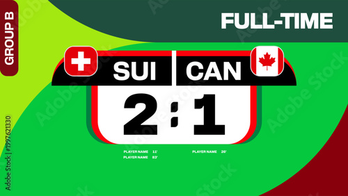 Switzerland vs Canada Football 2026 Tournament Match Result Scoreboard Graphic, Full-Time Announcement