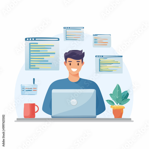 Man Working on Laptop Computer 