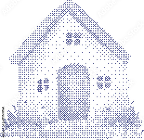 Pixelated house illustration with small and a door on white background