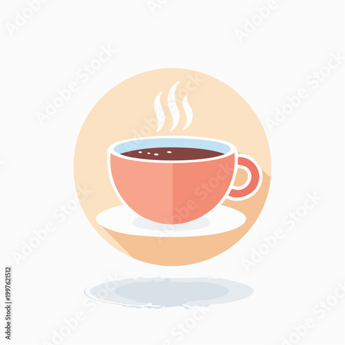 Steaming hot coffee cup on saucer.