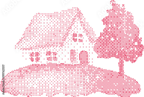 Pixelated Red House and Tree on Hill During Day