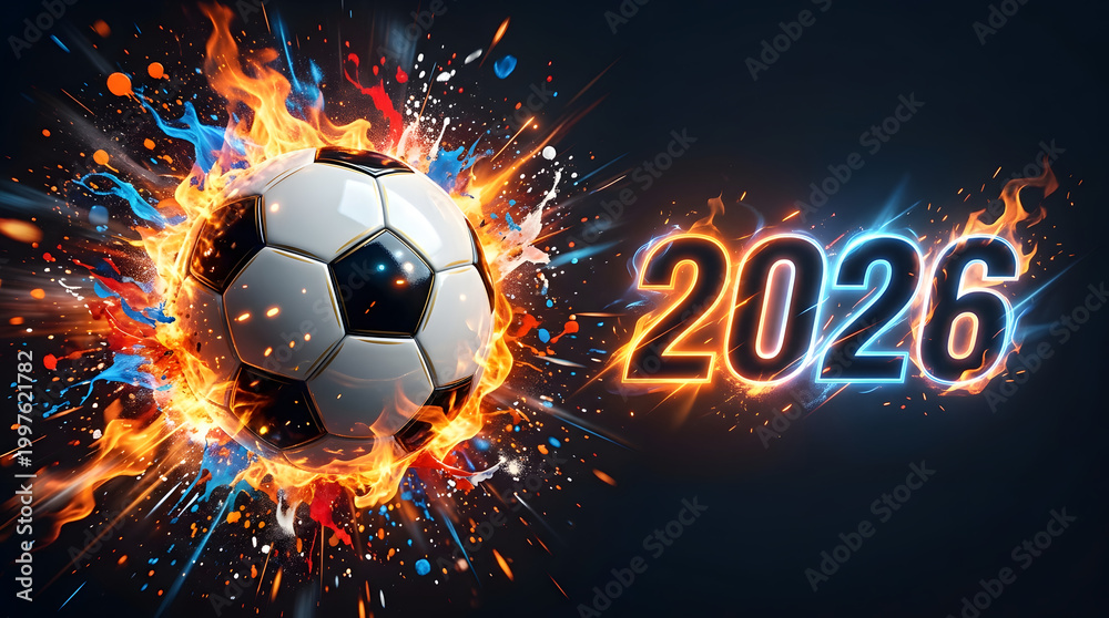Fototapeta premium Soccer ball with fiery explosion and 2026 text world cup football 2026, world cup football, fifa world cup, fifa world cup 2026 