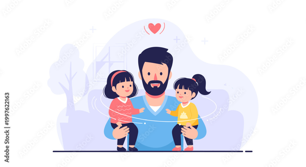 Fototapeta premium A loving father with a beard holds his two young daughters, one on each arm, with a heart above them, symbolizing family love and happiness.
