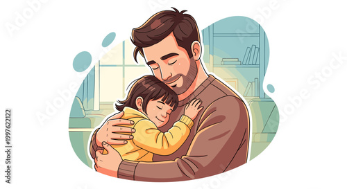 A loving father tenderly embraces his sleeping daughter, capturing a moment of deep affection and security.