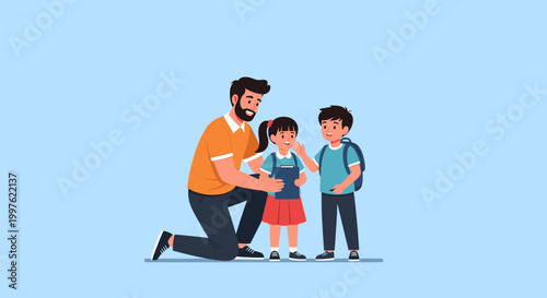 A caring father kneels down to comfort his young daughter while his son stands beside them, both ready for school.