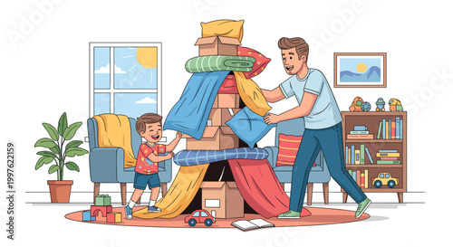 Father and son building a fort out of boxes and blankets in a living room, enjoying quality family time together.