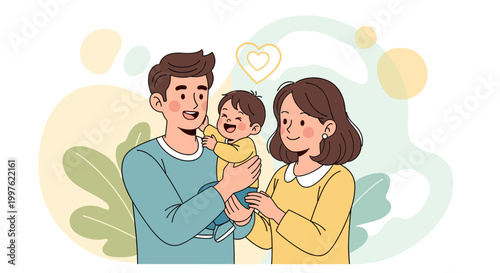 A happy young family with a baby, symbolizing love and togetherness in a warm, stylized illustration.