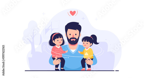 A loving father with a beard holds his two young daughters, one on each arm, with a heart above them, symbolizing family love and happiness.