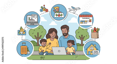 A happy family of four, including parents and two young children, are gathered around a laptop, symbolizing modern family life and work-life balance.