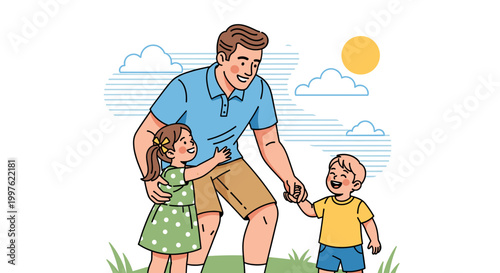 A happy father playing with his two young children outdoors on a sunny day, surrounded by clouds and grass.