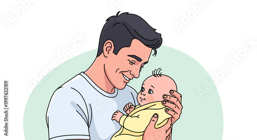A smiling father holding his happy baby in a tender embrace, showing love and connection between parent and child.