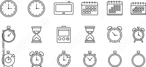 Clock, Timer, Stopwatch, Hourglass, and Calendar Icons for Time Management, Scheduling, and Productivity