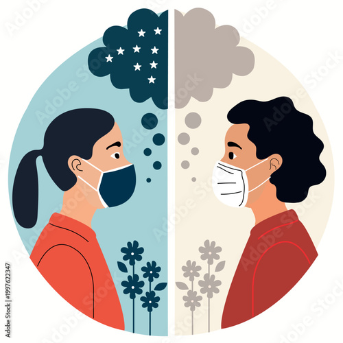 Masked individuals facing each other health safety concept