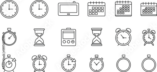 Clock, Timer, Stopwatch, Hourglass, and Calendar Icons for Time Management, Scheduling, and Productivity
