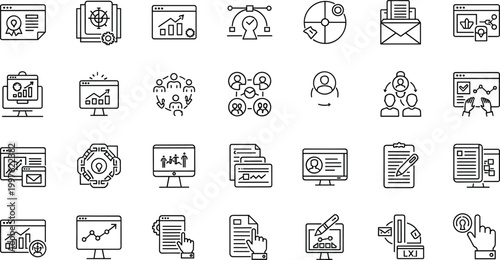 Data Analytics, Team Collaboration, Email Communication, and Project Management Icons for Business, Strategy, and Digital Solutions