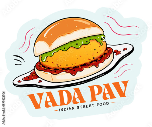 Vada Pav Indian Street Food Vector Illustration Spicy Indian Burger Design.
