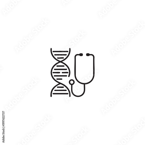 Black line of d n a helix and stethoscope on white background science medical