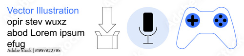 Gaming, entertainment, media, technology, audio recording, user interaction. Minimalist icons of a gaming controller, microphone and download arrow. Gaming and entertainment conceptual elements