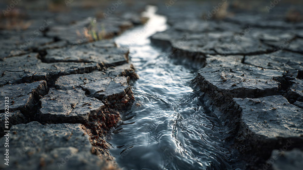 Obraz premium Clear stream flowing through cracked dry riverbed