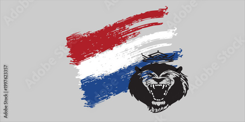 Abstract painted Netherlands flag with roaring lion emblem on gray background