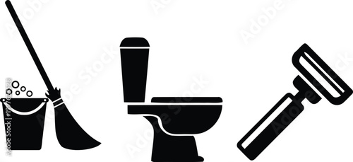 Cleaning tools silhouette broom toilet and razor a minimalist black and white illustration