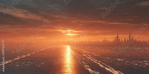 Futuristic Digital Cityscape at Sunrise with Shimmering Path