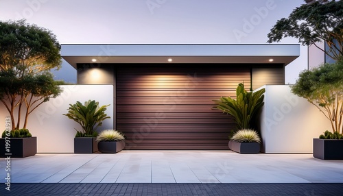 modern minimalist architecture with clean lines geometric shapes and a monochrome palette the urban exterior features a garage door potted plants tropical foliage and zen garden aesthetics
